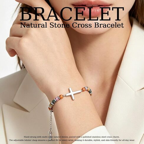 GAUEIOUR Cross Natural Stone Bracelet for Women,Birthday Easter Baptism Stainless Steel Cross Christian Religious Faith Bracelet,To My Friend Inspirational Scripture Positive Memory Jewelry Gift in Saudi Arabia