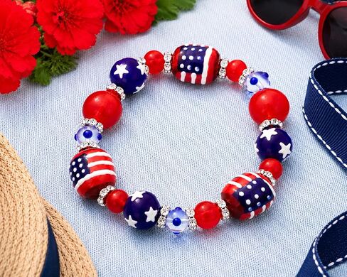 Kate & Macy All for America Patriotic Beaded Stretch Bracelet | Handpainted patriotic beads with stars and Americana colors. Festive bracelet for summer celebrations and everyday wear in Saudi Arabia