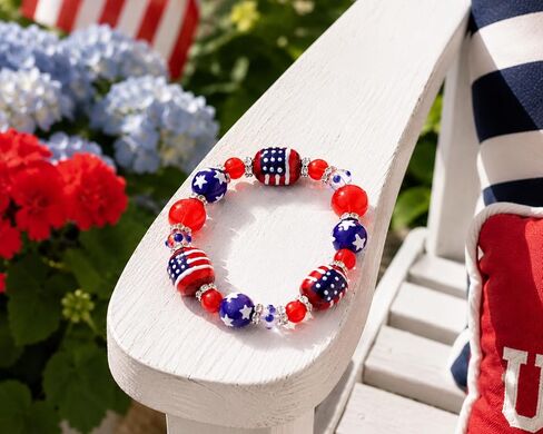 Kate & Macy All for America Patriotic Beaded Stretch Bracelet | Handpainted patriotic beads with stars and Americana colors. Festive bracelet for summer celebrations and everyday wear in Saudi Arabia