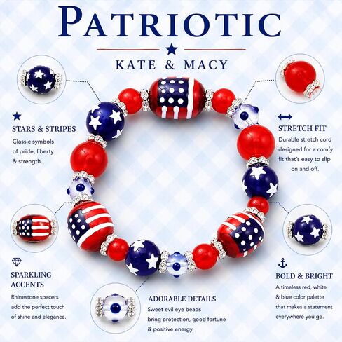 Kate & Macy All for America Patriotic Beaded Stretch Bracelet | Handpainted patriotic beads with stars and Americana colors. Festive bracelet for summer celebrations and everyday wear in Saudi Arabia