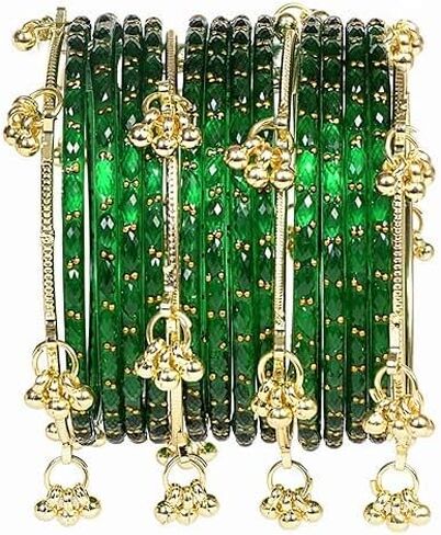 Kashmiri Ghungroo glass Bangles set Viral Raindrop Multi Set for Women and Girls Set of 16 Pcs Dark Green in Kuwait