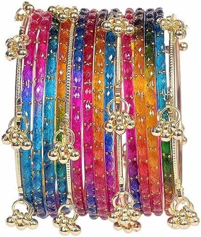 Kashmiri Ghungroo glass Bangles set Viral Raindrop Multi Set for Women and Girls Set of 16 Pcs Dark Green in Kuwait