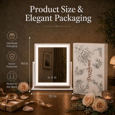 DECADENCE 14.1 Inch LED Vanity Makeup Mirror with Lights for Women and Mom, 10X/5X Detachable Magnifiers, 3 Color Modes, Dimmable Touch Control, 360 Degree Rotation, Tabletop Cosmetic Mirror in Kuwait