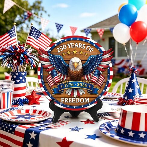 250 Anniversary USA Decorations 4th of July Patriotic Memorial Day Table Sign Independence Day Table Centerpieces Indoor Wood Americana Eagle Tiered Tray Decor Desk Veterans Day for Home Office Shelf in Kuwait