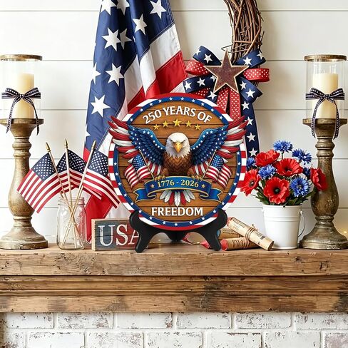 250 Anniversary USA Decorations 4th of July Patriotic Memorial Day Table Sign Independence Day Table Centerpieces Indoor Wood Americana Eagle Tiered Tray Decor Desk Veterans Day for Home Office Shelf in Kuwait