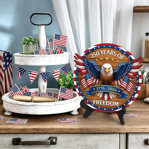 250 Anniversary USA Decorations 4th of July Patriotic Memorial Day Table Sign Independence Day Table Centerpieces Indoor Wood Americana Eagle Tiered Tray Decor Desk Veterans Day for Home Office Shelf in Kuwait