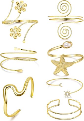 7Pcs Gold Arm Cuff for Women Upper Arm Cuff Bracelet Boho Coil Arm Cuff Bangle Set Open Adjustable Minimalist Armlet Stack Wrist Armband Set in Saudi Arabia