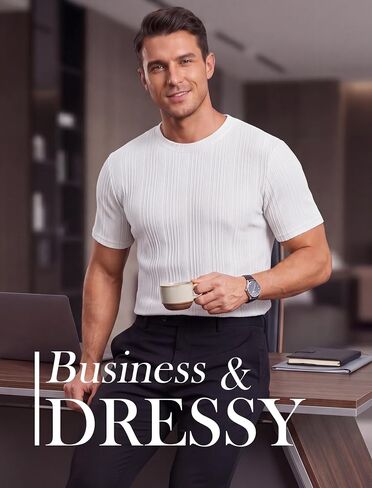 Gracyoga Men's T-Shirts Short Sleeve Knit Casual Ribbed Dress Tee Shirt | Breathable,Unique,Fashion,Stylish,Fitted,Styling,Dressy,Soft,Formal,Daily Wear,Streetwear,Outfit,from Office to After-Work in Saudi Arabia