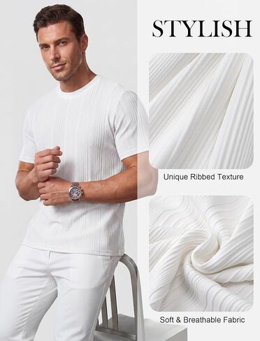 Gracyoga Men's T-Shirts Short Sleeve Knit Casual Ribbed Dress Tee Shirt | Breathable,Unique,Fashion,Stylish,Fitted,Styling,Dressy,Soft,Formal,Daily Wear,Streetwear,Outfit,from Office to After-Work in Saudi Arabia