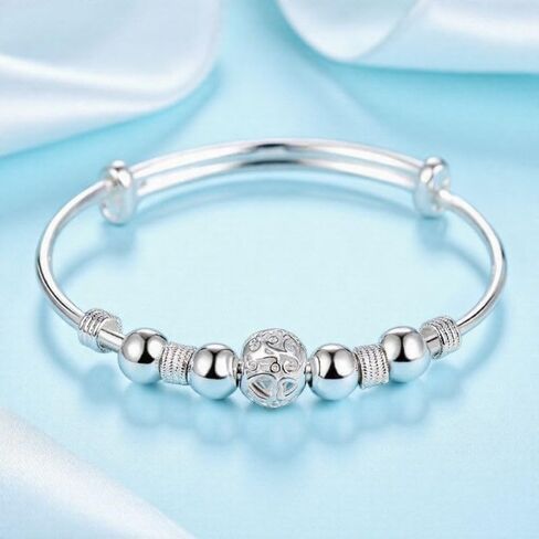 925 Sterling Silver Adjustable Bracelet for Women, Hollow Lantern Bead Design, Sliding Clasp Bangle, Elegant Jewelry Gift for Valentine’s Day, Birthday, Anniversary in Saudi Arabia