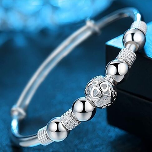 925 Sterling Silver Adjustable Bracelet for Women, Hollow Lantern Bead Design, Sliding Clasp Bangle, Elegant Jewelry Gift for Valentine’s Day, Birthday, Anniversary in Saudi Arabia