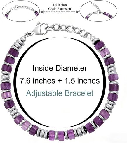 Purple Natural Stone Heishi Beaded Bracelet, Silver Accent, Adjustable, Boho Style in Kuwait