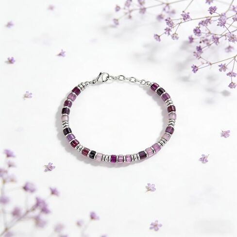 Purple Natural Stone Heishi Beaded Bracelet, Silver Accent, Adjustable, Boho Style in Kuwait