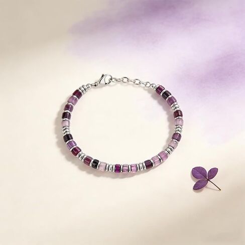 Purple Natural Stone Heishi Beaded Bracelet, Silver Accent, Adjustable, Boho Style in Kuwait