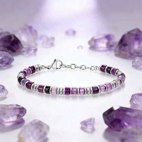 Purple Natural Stone Heishi Beaded Bracelet, Silver Accent, Adjustable, Boho Style in Kuwait