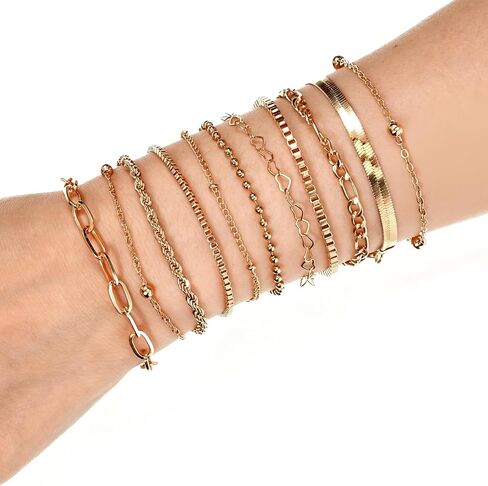 11 Pcs Gold Bracelets Set for Women, Golden Bracelets Stackable Layered Set, Dainty Cuban Link & Paperclip Chain Design, Adjustable 6.69-8.65 Inch in Saudi Arabia