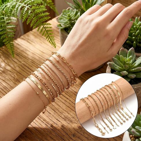 11 Pcs Gold Bracelets Set for Women, Golden Bracelets Stackable Layered Set, Dainty Cuban Link & Paperclip Chain Design, Adjustable 6.69-8.65 Inch in Saudi Arabia