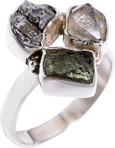 Natural Raw Green Moldavite Meteorite Herkimer Diamond Gemstone Multi Stone 925 Sterling Silver Handmade Statement Ring Jewelry Gift for Her in Kuwait