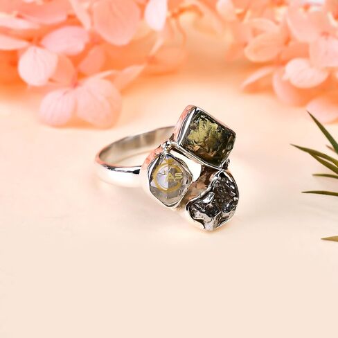 Natural Raw Green Moldavite Meteorite Herkimer Diamond Gemstone Multi Stone 925 Sterling Silver Handmade Statement Ring Jewelry Gift for Her in Kuwait