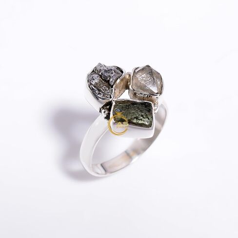 Natural Raw Green Moldavite Meteorite Herkimer Diamond Gemstone Multi Stone 925 Sterling Silver Handmade Statement Ring Jewelry Gift for Her in Kuwait