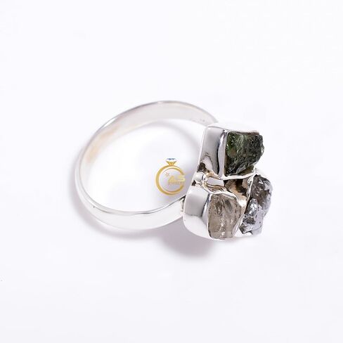 Natural Raw Green Moldavite Meteorite Herkimer Diamond Gemstone Multi Stone 925 Sterling Silver Handmade Statement Ring Jewelry Gift for Her in Kuwait