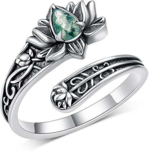 Spoon Rings 925 Sterling Silver Moss Agate Jewelry Lotus Flower Decor Thumb Ring Flower Gifts for Women in Kuwait