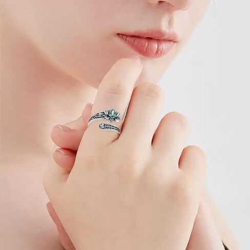 Spoon Rings 925 Sterling Silver Moss Agate Jewelry Lotus Flower Decor Thumb Ring Flower Gifts for Women in Kuwait