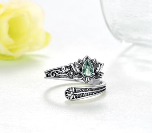 Spoon Rings 925 Sterling Silver Moss Agate Jewelry Lotus Flower Decor Thumb Ring Flower Gifts for Women in Kuwait