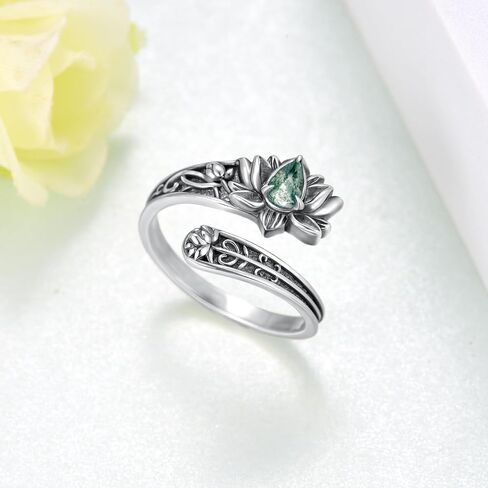 Spoon Rings 925 Sterling Silver Moss Agate Jewelry Lotus Flower Decor Thumb Ring Flower Gifts for Women in Kuwait