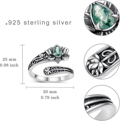 Spoon Rings 925 Sterling Silver Moss Agate Jewelry Lotus Flower Decor Thumb Ring Flower Gifts for Women in Kuwait