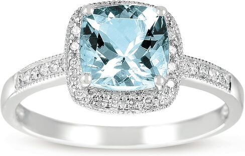 14K White Gold Genuine Aquamarine Cushion 1-3/8 Ct, Diamonds Ring in Kuwait