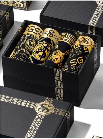 Gift Boxed Men's Underwear Boxer Briefs, Ice Silk Trunks Underpants, Moisture Wicking Breathable Luxury Black Gold in Kuwait