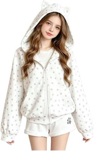 Women's Y2K Cute Floral Hoodies Kawaii Zip Up Hoodies Cartoon Cat Embroidery Oversized Pullover Sweatshirt in Kuwait