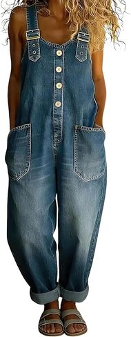 Denim Jumpsuit for Women Adjustable Strap Loose Denim Bib Overalls Y2k Baggy Jean Wide Leg Jumpsuits Casual Romper in Saudi Arabia