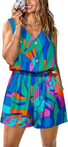 CUPSHE Women Summer Romper V Neck Button Front Elastic Waist Wide Leg Beach Vacation Holiday Casual Outfit with Pockets in Kuwait