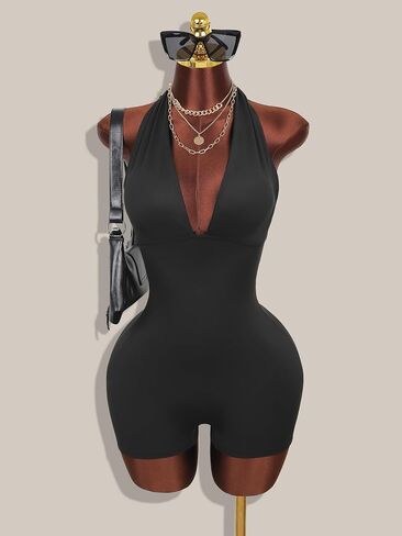 Women's Halter Neck Romper, Black, Sleeveless, Deep V-Neck, Backless with Tie Detail, Bodycon Shorts Jumpsuit in Kuwait