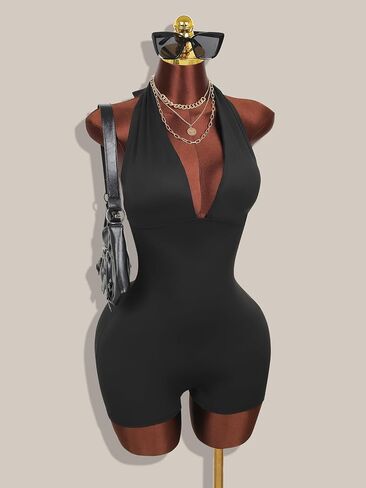 Women's Halter Neck Romper, Black, Sleeveless, Deep V-Neck, Backless with Tie Detail, Bodycon Shorts Jumpsuit in Kuwait