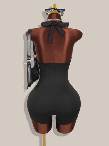 Women's Halter Neck Romper, Black, Sleeveless, Deep V-Neck, Backless with Tie Detail, Bodycon Shorts Jumpsuit in Kuwait