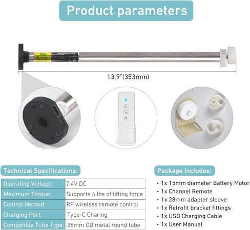 Rollerhouse Motor Conversion Kit for Coolaroo Shades | Converts Manual to Remote Control | Fits 28mm (1-1/8") Metal Tube | Up to 4lb Lift | Rechargeable Battery in Saudi Arabia
