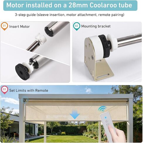 Rollerhouse Motor Conversion Kit for Coolaroo Shades | Converts Manual to Remote Control | Fits 28mm (1-1/8") Metal Tube | Up to 4lb Lift | Rechargeable Battery in Saudi Arabia