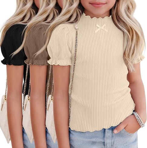 3 Pack Girl's Short Sleeve Shirts Ribbed Puff Lettuce Trim Mock Neck Tops Kids Slim Casual Basic Cute Tees in Saudi Arabia