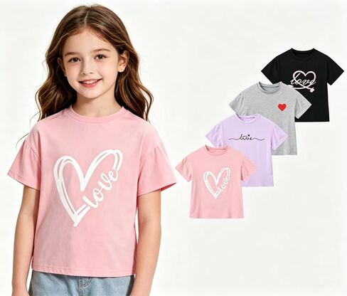 Girls Summer Short Sleeve T Shirts 4 Pcs Kids Cute Tops Casual Crewneck Basic Graphic Tees in Saudi Arabia