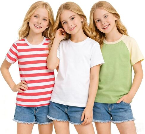 HILEELANG Girls 3-Pack Short Sleeve Cotton T-Shirts 4-13 Years Striped Solid Tees for Summer School Casual Wear in Kuwait