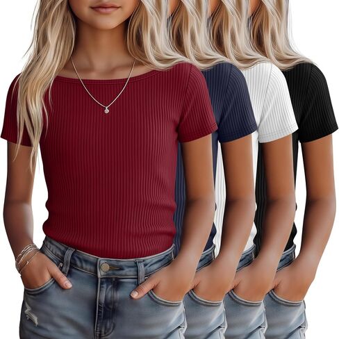 4 قطع من قمصان الفتيات بأكمام قصيرة من القطن المحبوك والمضلع برقبة قارب وقمصان علوية أساسية كاجوال لطيفة للأعمار من 5 إلى 14 عامًا in Kuwait