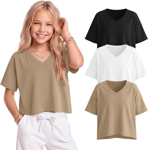 Oakgarden 3 Pack Girls Oversized Crop Tops Kids Short Sleeve V Neck Cropped T Shirts Summer Teen Workout Basic Tee Size 5-14Y in Kuwait