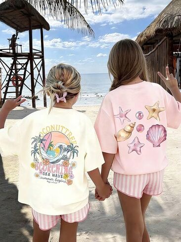 2-Pack Girls Short Sleeve Graphic Tees, Printed Crew Neck T-Shirts for Kids 8–14 in Kuwait