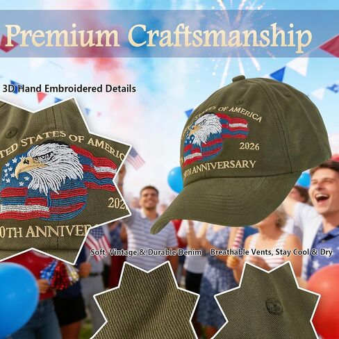 250th Anniversary USA Hat, Eagle & Flag Embroidered United States 250 Year American Anniversary Hat, Patriotic Hats for Men (US, Alpha, One Size, Green) in Saudi Arabia