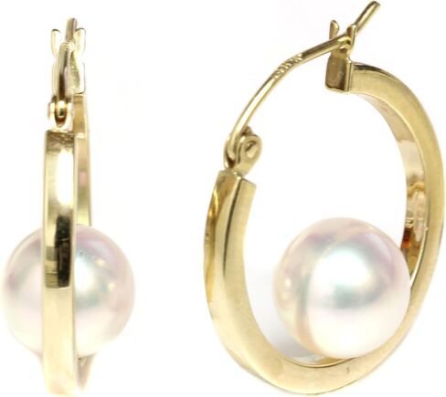 14k Yellow Gold Cultured Saltwater Akoya Pearl Dangle Hoop earrings - AAA and AAA Flawless in Saudi Arabia