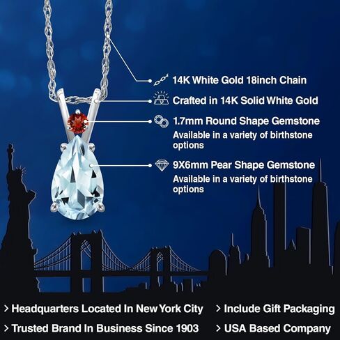 Gem Stone King 14K White Gold Sky Blue Aquamarine and Red Garnet Pendant Necklace for Women | 1.20 Cttw | Gemstone March Birthstone | Pear Shape 9X6MM | With 18 Inch Chain in Kuwait