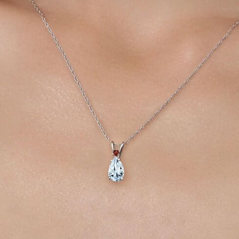 Gem Stone King 14K White Gold Sky Blue Aquamarine and Red Garnet Pendant Necklace for Women | 1.20 Cttw | Gemstone March Birthstone | Pear Shape 9X6MM | With 18 Inch Chain in Kuwait